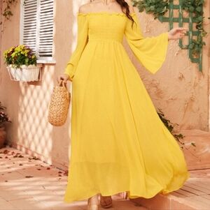 SHEIN Yellow Off-Shoulder Long Sleeve Dress